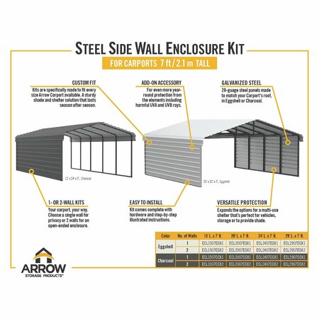 Arrow Storage Products Galvanized Steel Carport, W/ 1-Sided Enclosure, Compact Car Metal Carport Kit, 10'x20'x7', Charcoal CPHC102007ECL1